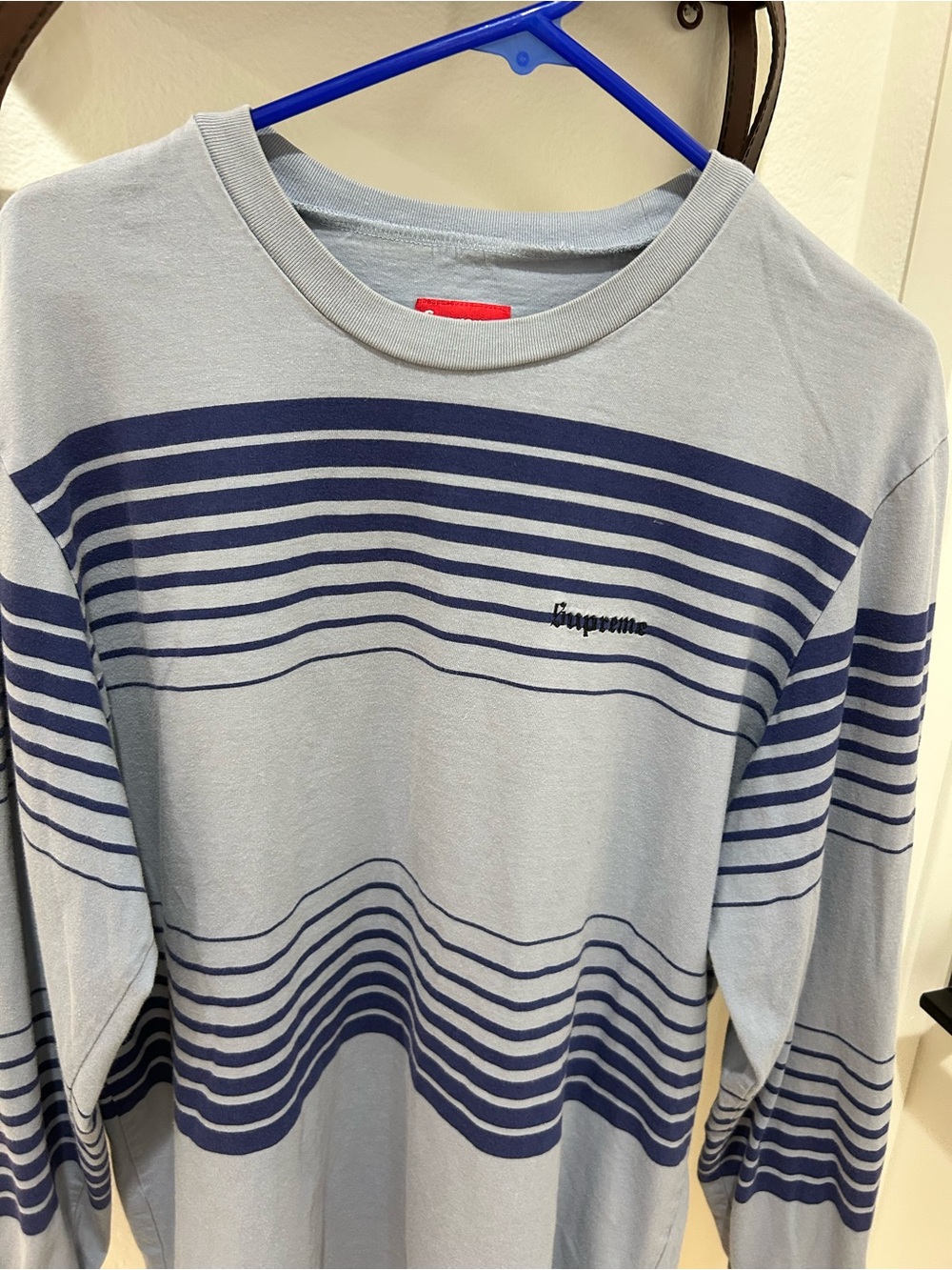 Supreme Fade Blue and Navy Striped Long Sleeve Shirt. Size Large